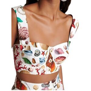 NWT Commense Seashell Print Crop Top White Beach Red Size M